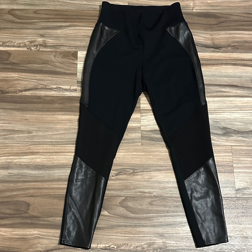 Assets By Spanx Faux Leather Accent Moto Legging Black Women's LARGE High Rise